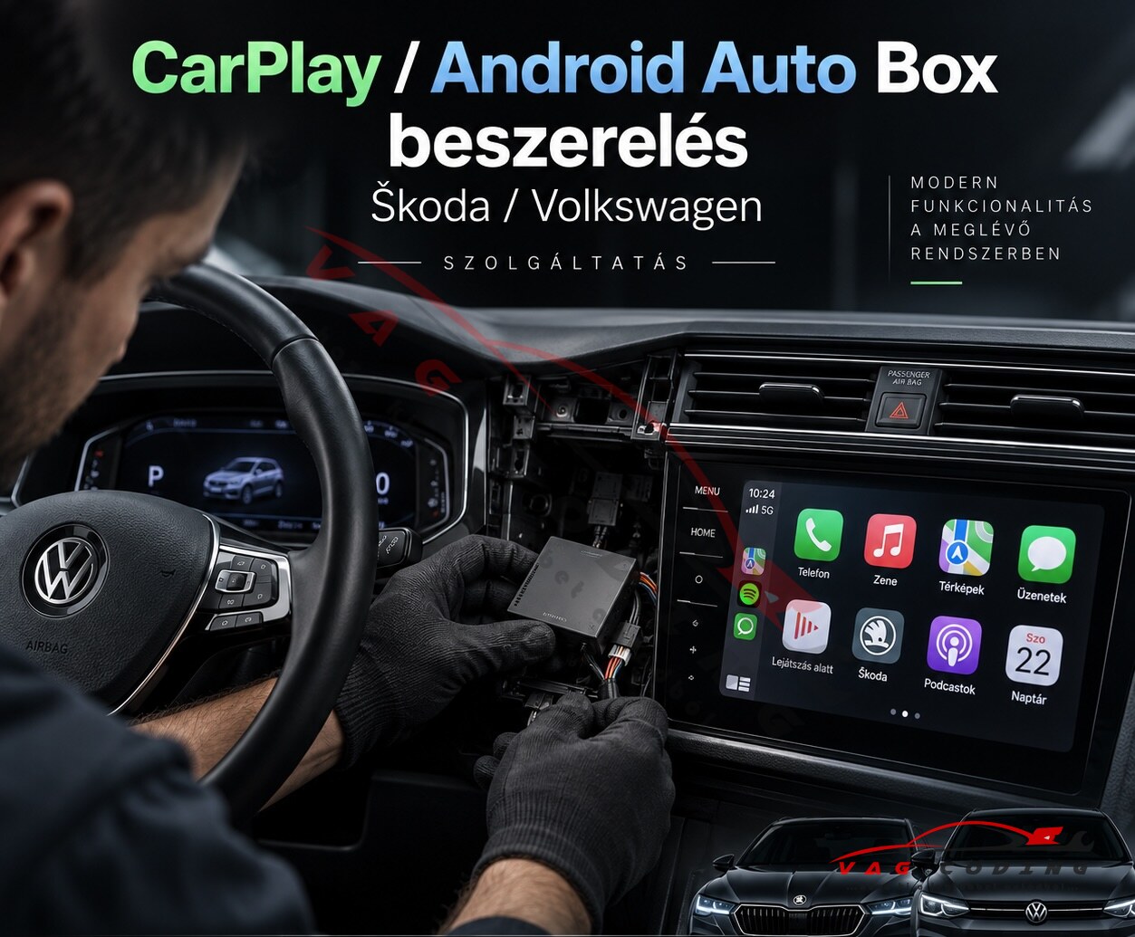 CarPlay / Android Auto Box beszerelés – Škoda / Volkswagen